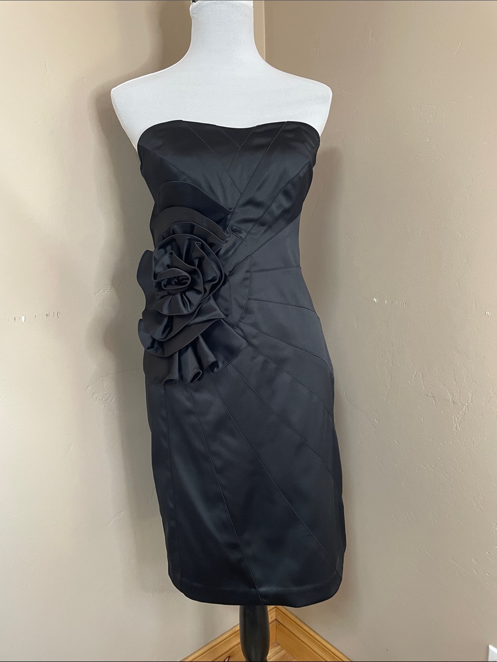 WHBM Strapless Black Cocktail Dress with Rosette Detail, Size 10